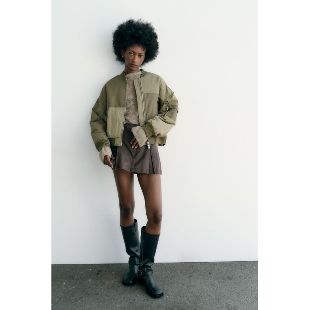 ZARA Water Repellant Patchwork Bomber Jacket Green Oversized Size Medium Padded - Picture 10 of 13